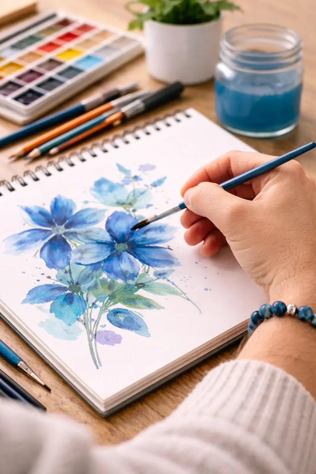 Apatite mains de l artiste et fleurs bleues