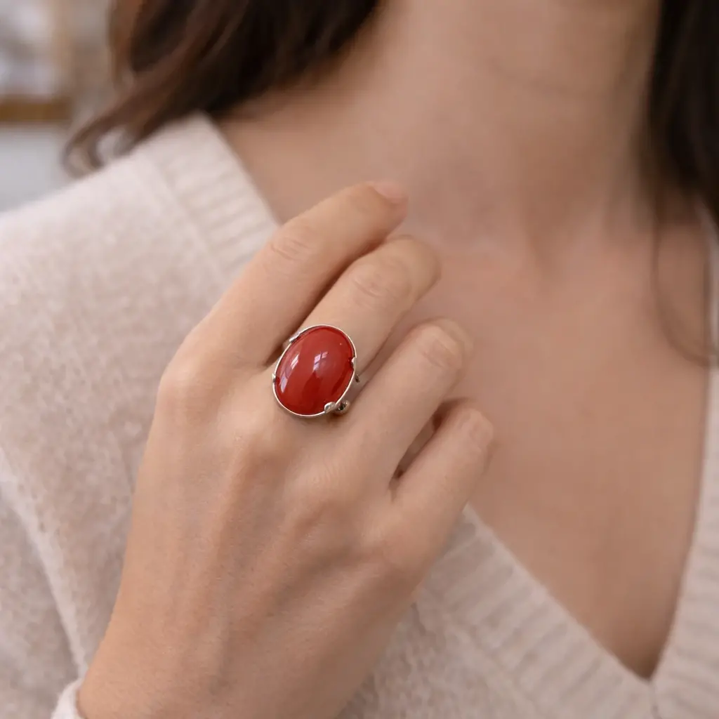 Bague en cornaline sur main delicate