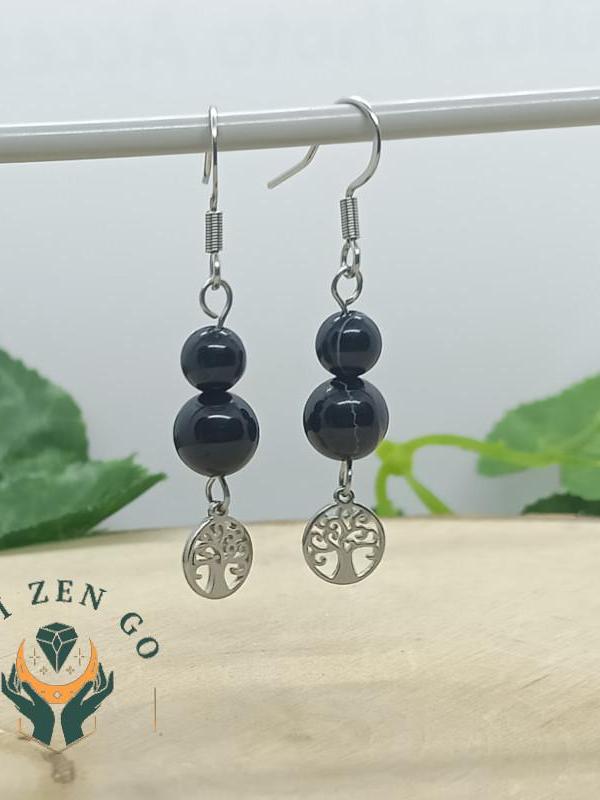 Boucle d oreille agate noir arbre de vie 1