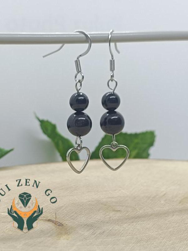 Boucle d oreille agate noir coeur 2 