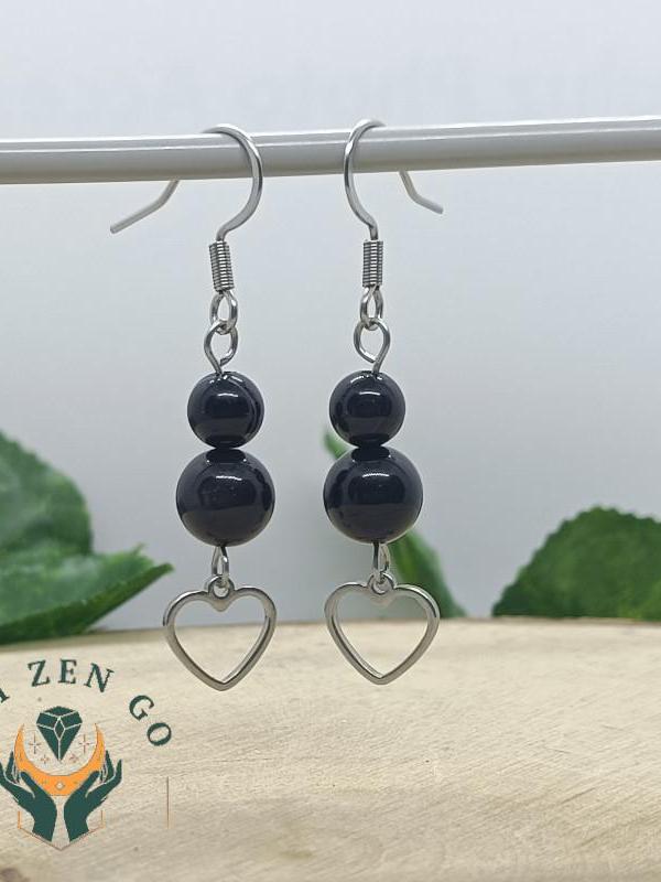 Boucle d oreille agate noir coeur 2