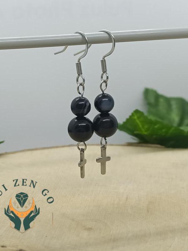 Boucle d oreille agate noir croix 1 