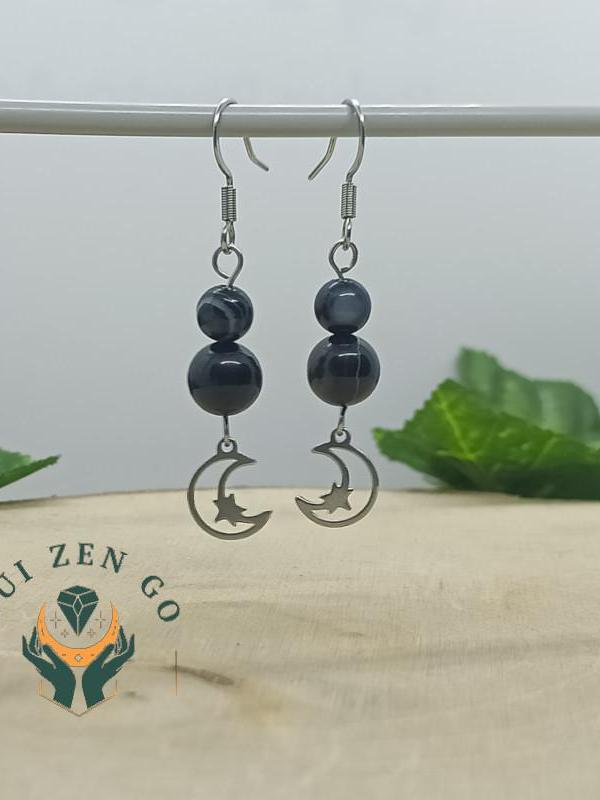 Boucle d oreille agate noir lune 1