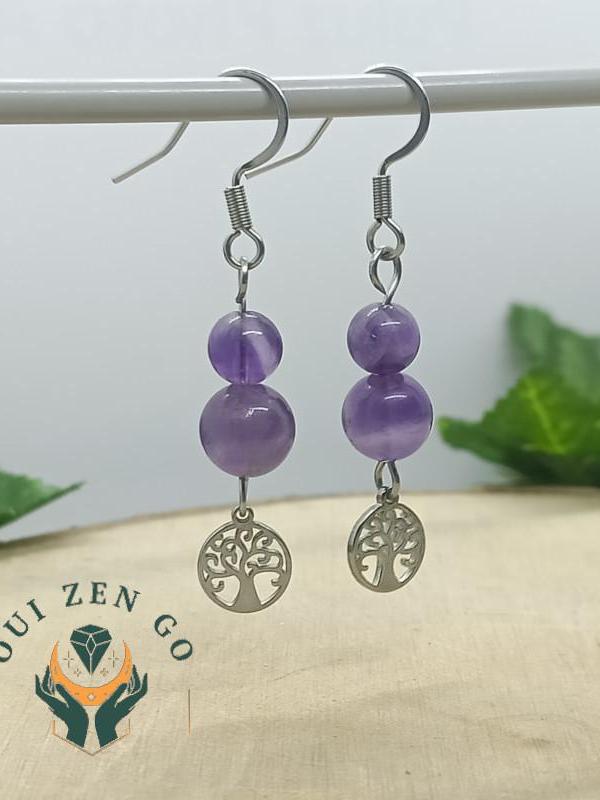 Boucle d oreille amethyste arbre de vie 1