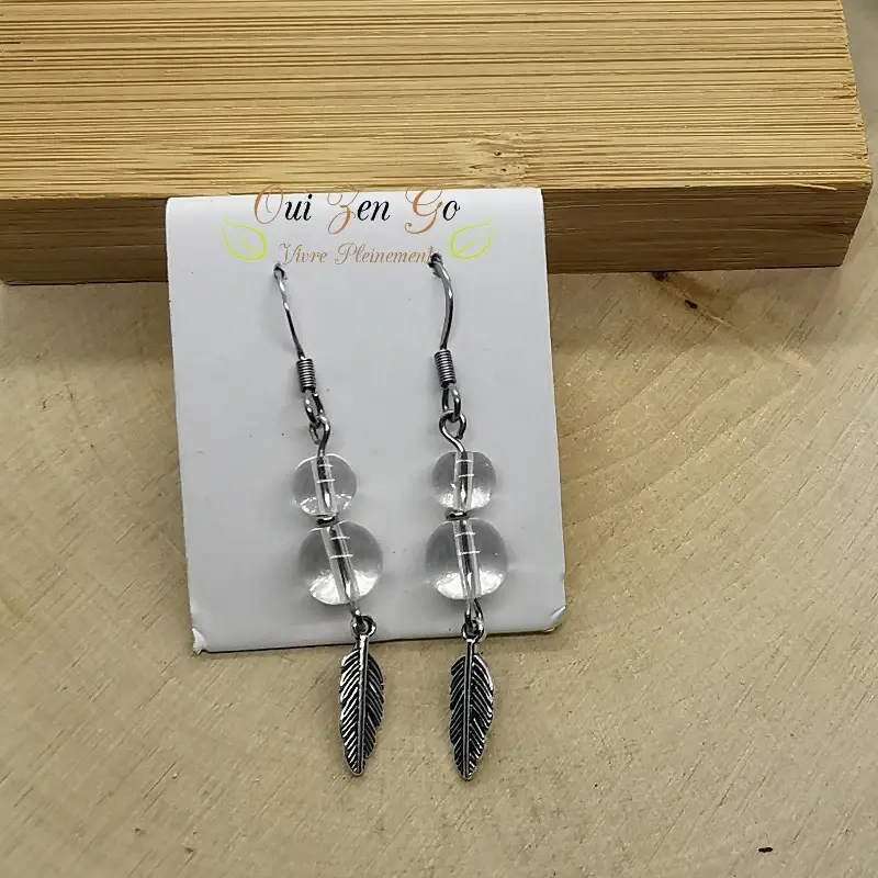 Boucle d oreille cristal de roche plume