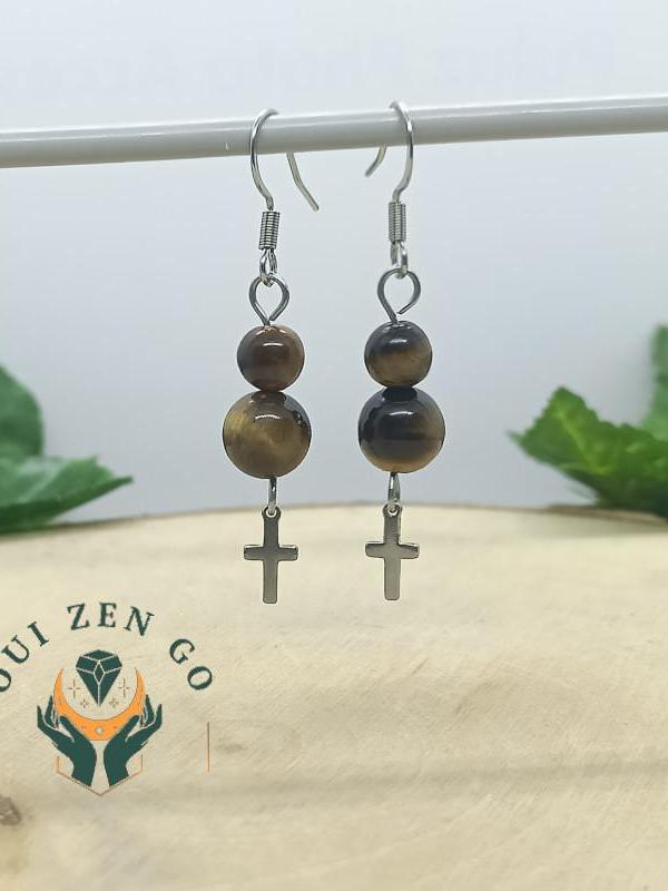 Boucle d oreille oeil de tigre croix 2 