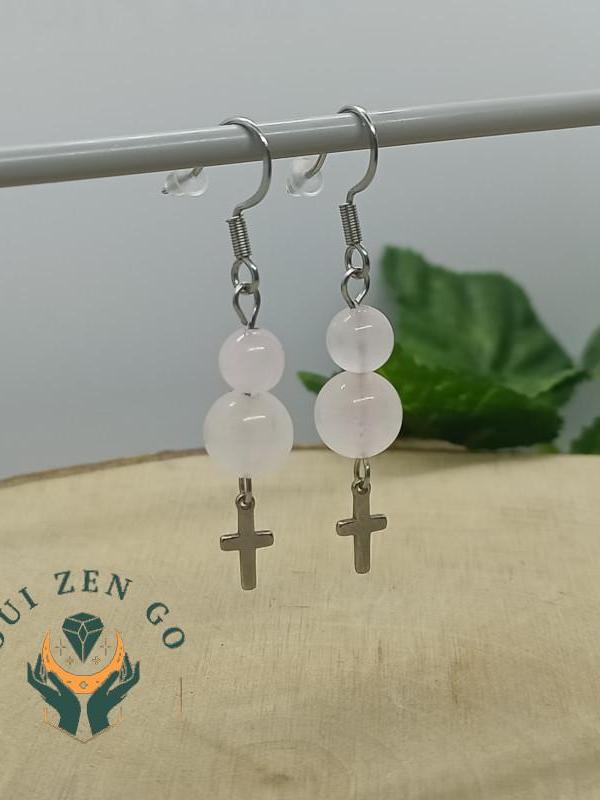 Boucle d oreille quartz rose croix 1