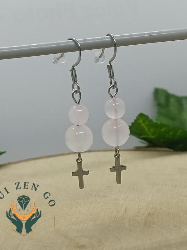 Boucle d oreille quartz rose croix 1 