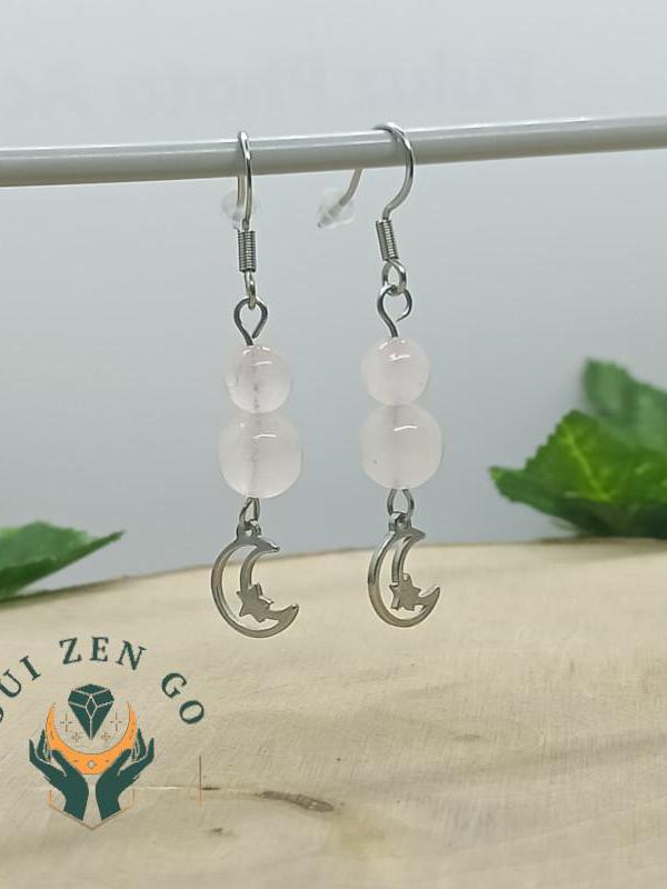 Boucle d oreille quartz rose lune 1