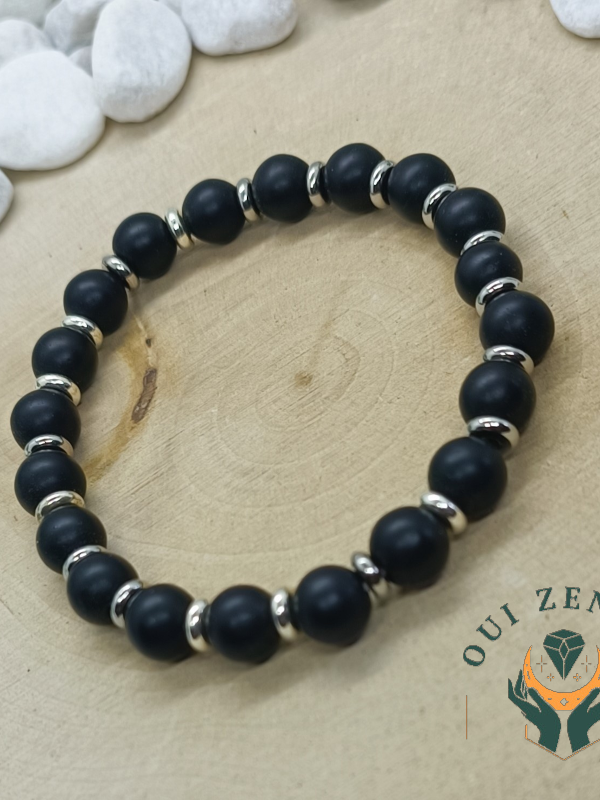 Bracelet agate noire rondelle acier