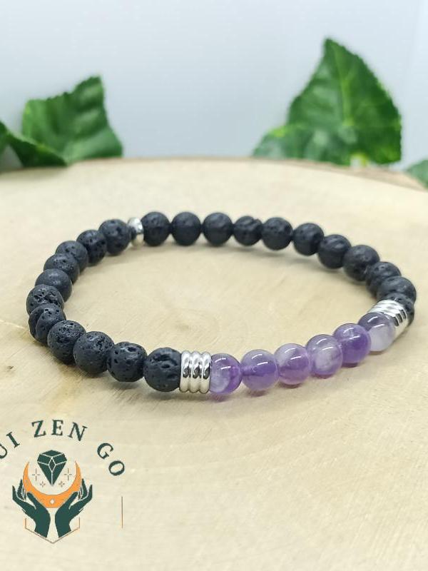Bracelet amethyste et pierre de lave colonne 6 mm 1 