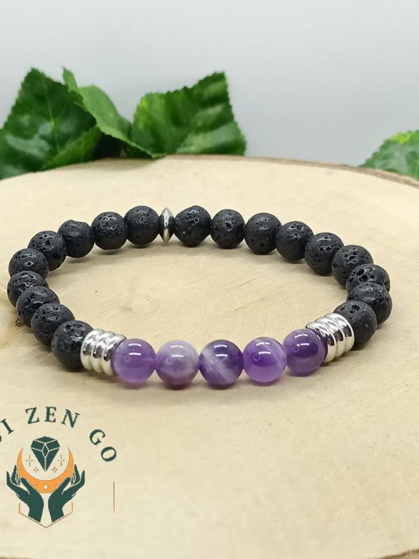 Bracelet amethyste et pierre de lave colonne 8 mm 2