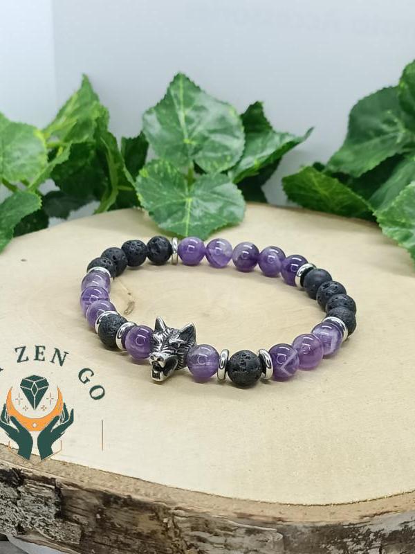 Bracelet amethyste et pierre de lave tete de loup 1