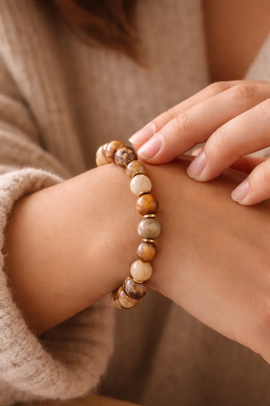bracelet en aragonite naturelle porté au poignet bijou en pierre aragonite