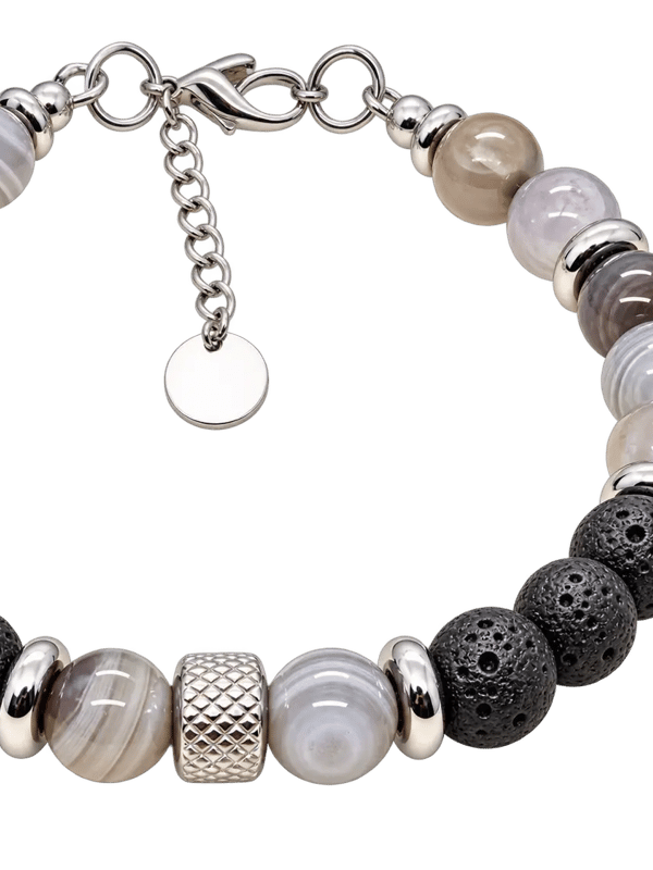 Bracelet en agate botswana et pierre lave noire
