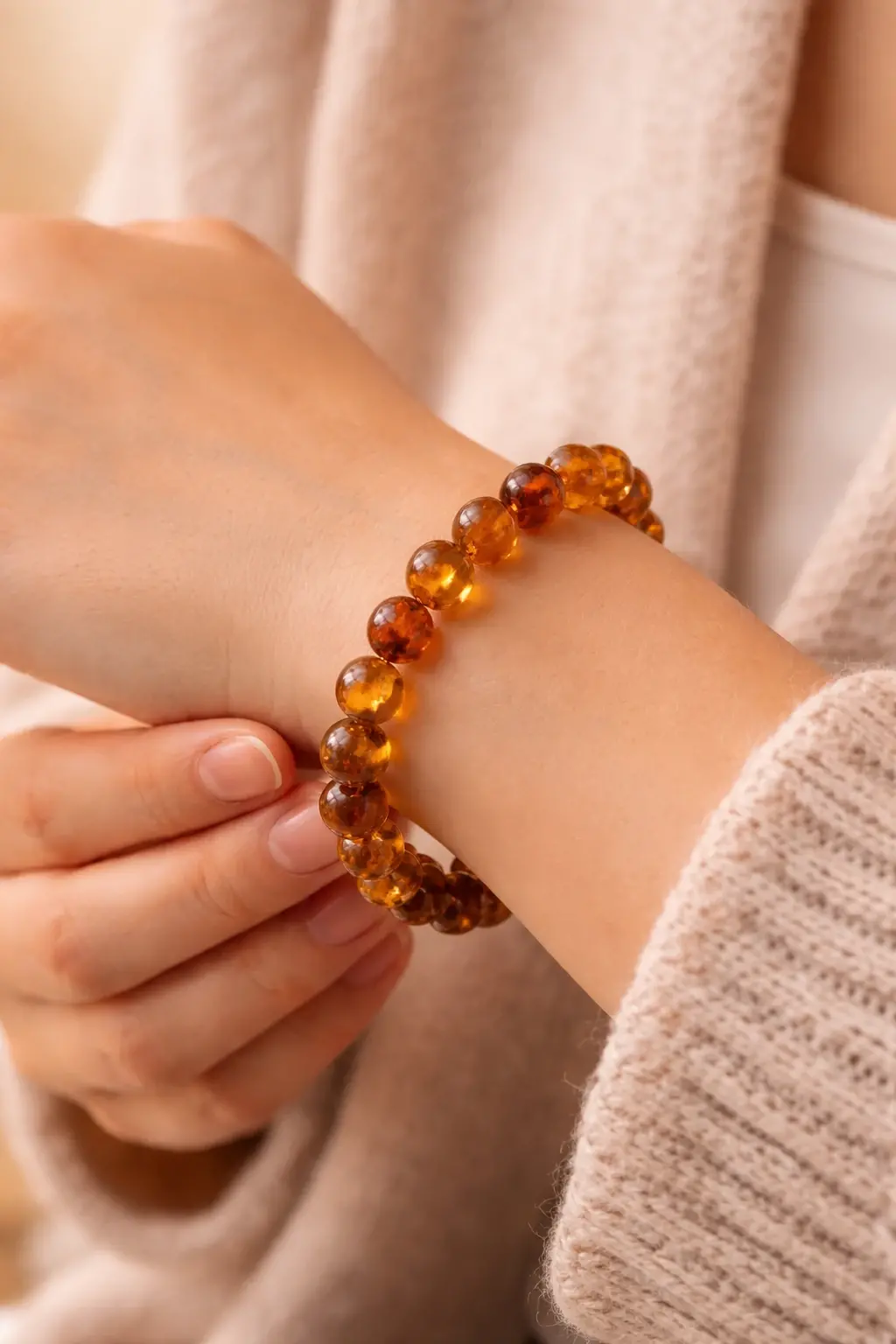 bracelet en ambre naturelle porté au poignet bijou en pierre ambre dorée
