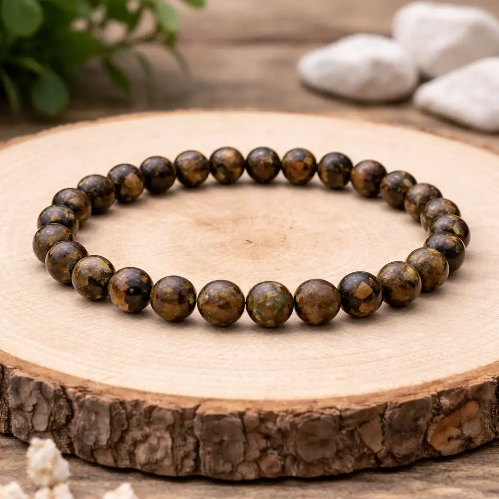 Bracelet en bronzite sur bois naturel