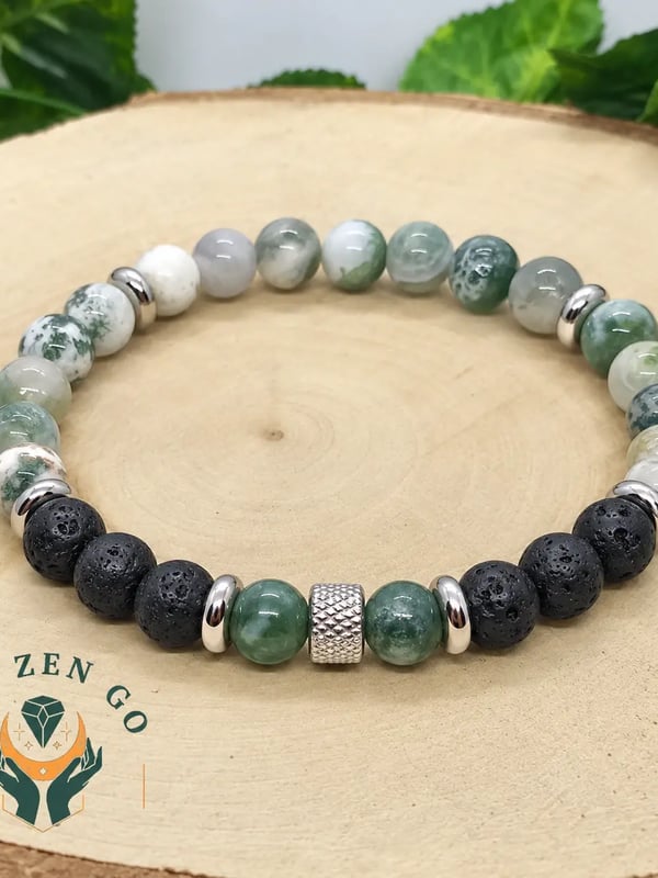 Bracelet en pierres naturelles agate arbre et pierre de lave 8 mm