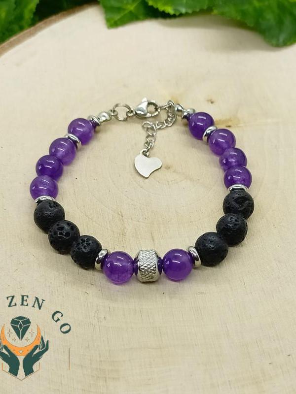 Bracelet homme amethyste et pierre de lave acier 1