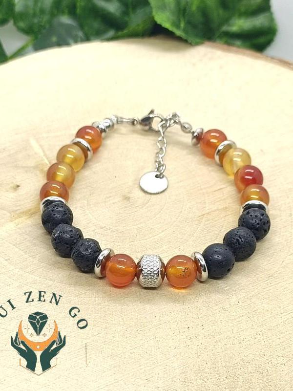 Bracelet homme cornaline et pierre de lave acier 2 