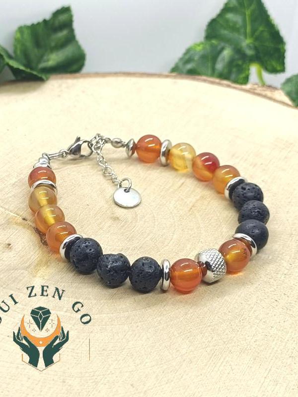 Bracelet homme cornaline et pierre de lave acier 2