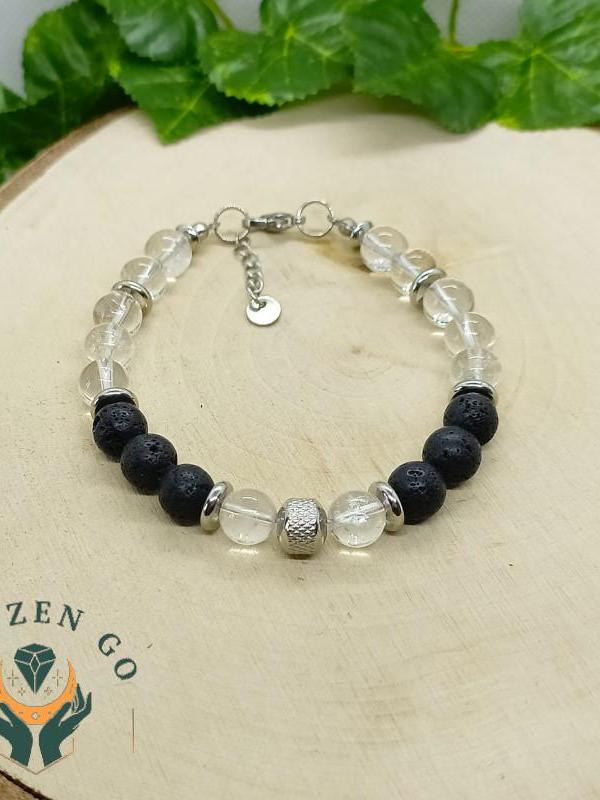 Bracelet homme cristal de roche et pierre de lave acier 1