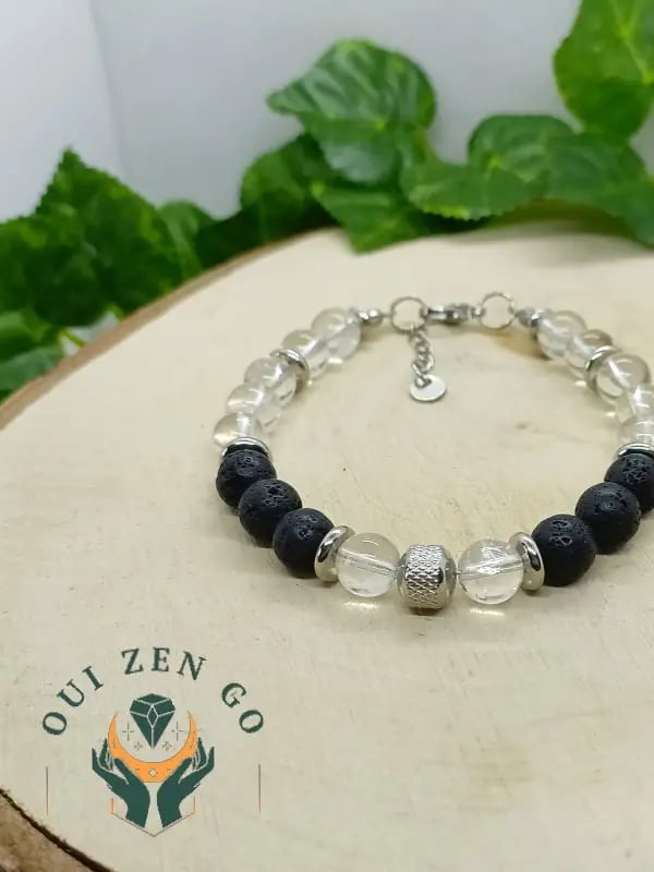 Bracelet homme cristal de roche et pierre de lave acier 2 