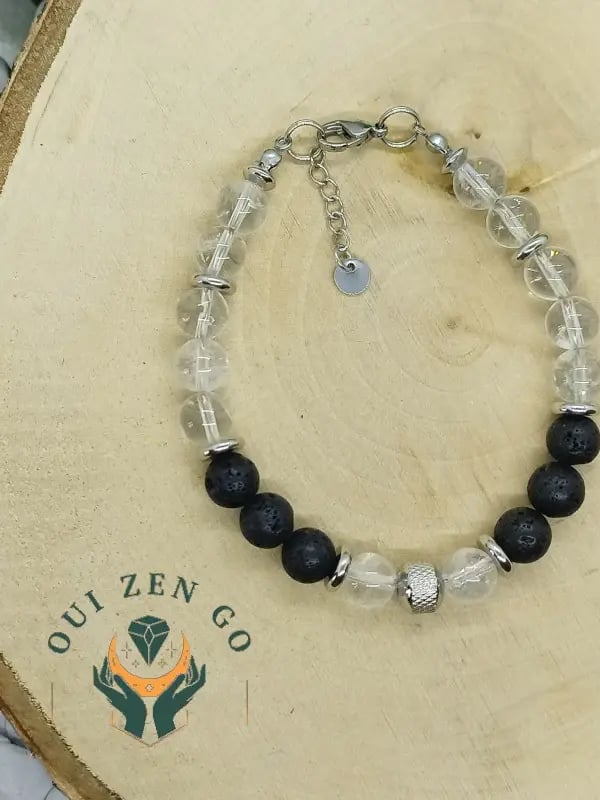 Bracelet homme cristal de roche et pierre de lave acier 3 