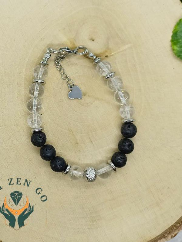 Bracelet homme cristal de roche et pierre de lave acier 1 