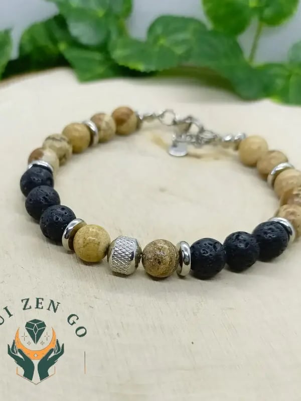 Bracelet homme jaspe paysage et pierre de lave acier 1 