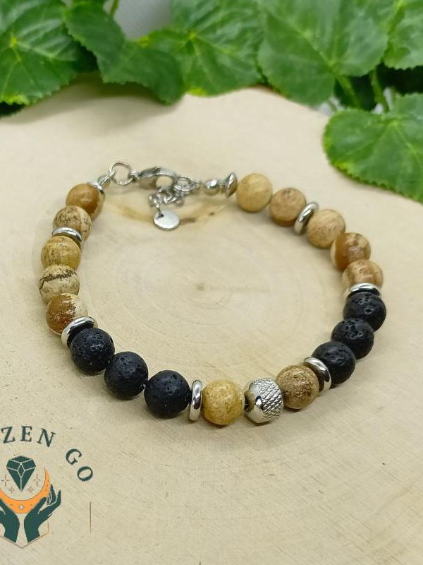 Bracelet homme jaspe paysage et pierre de lave acier 1 