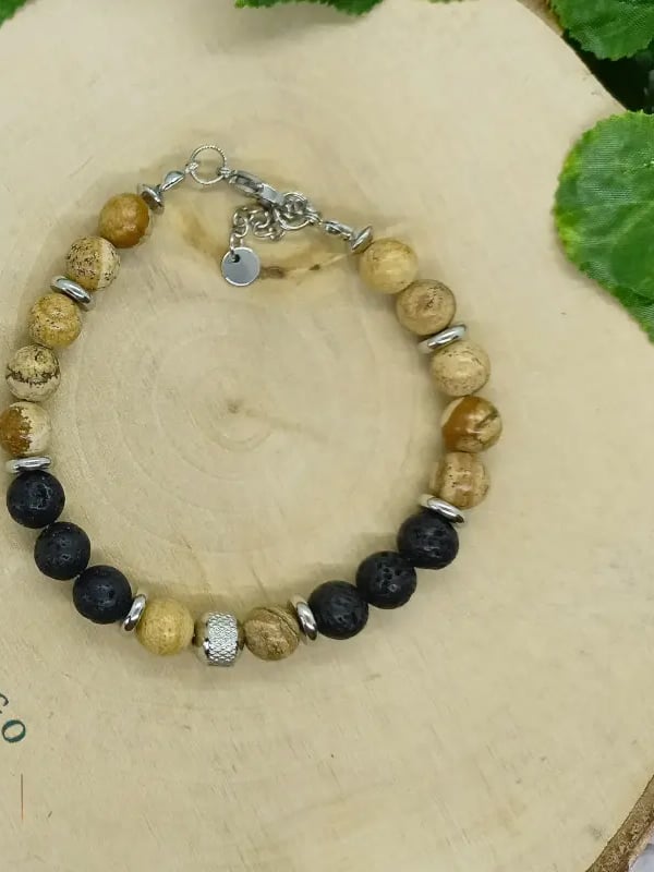 Bracelet homme jaspe paysage et pierre de lave acier 3 