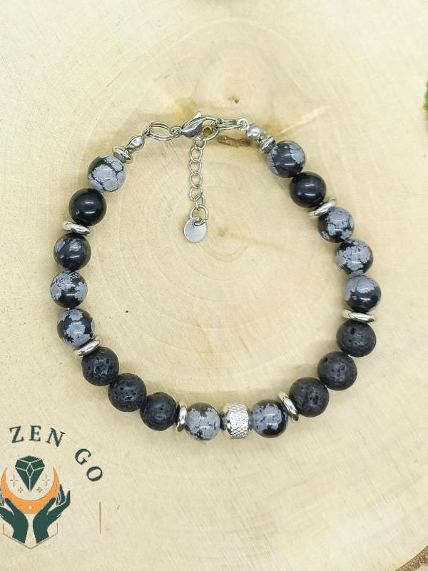 Bracelet homme obsidienne neige et pierre de lave 5 