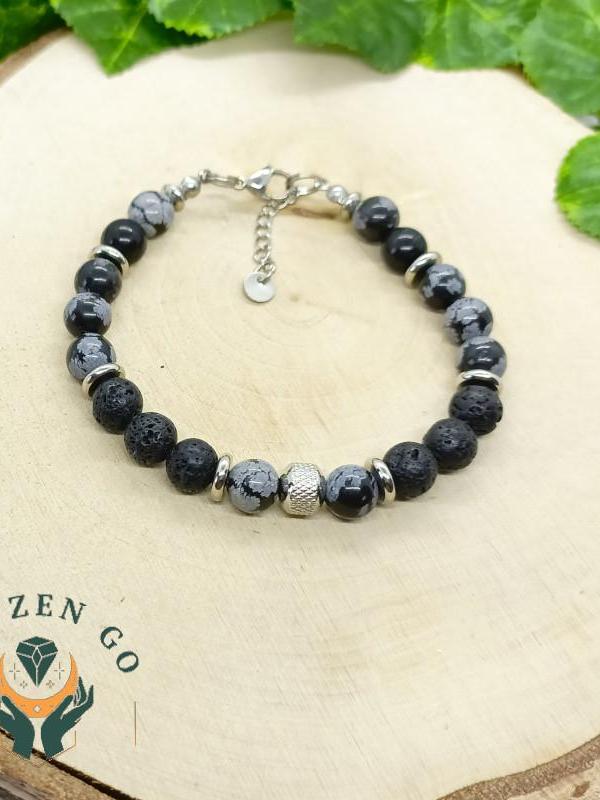 Bracelet homme obsidienne neige et pierre de lave 5