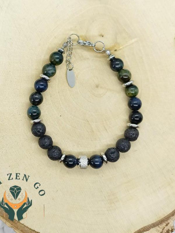 Bracelet homme oeil de faucon et pierre de lave 3 