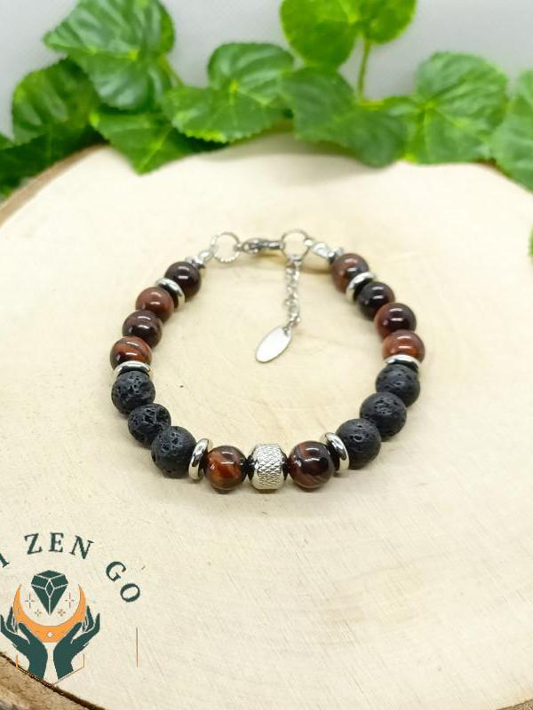 Bracelet homme oeil de taureau et pierre de lave 2