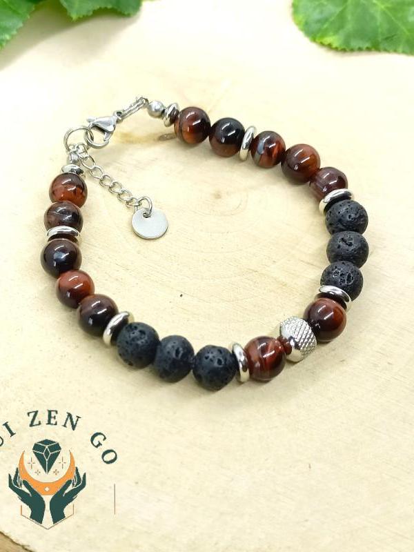 Bracelet homme oeil de taureau et pierre de lave 2 