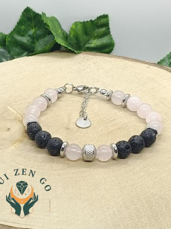 Bracelet homme quartz rose et pierre de lave acier 1