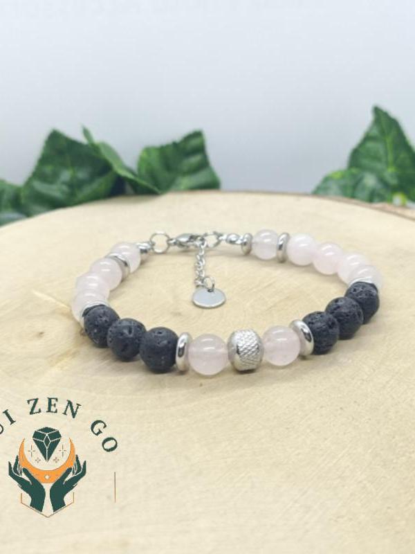 Bracelet homme quartz rose et pierre de lave acier 1 