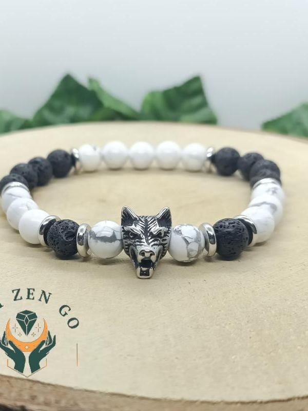 Bracelet howlite et pierre de lave tete de loup 1 1