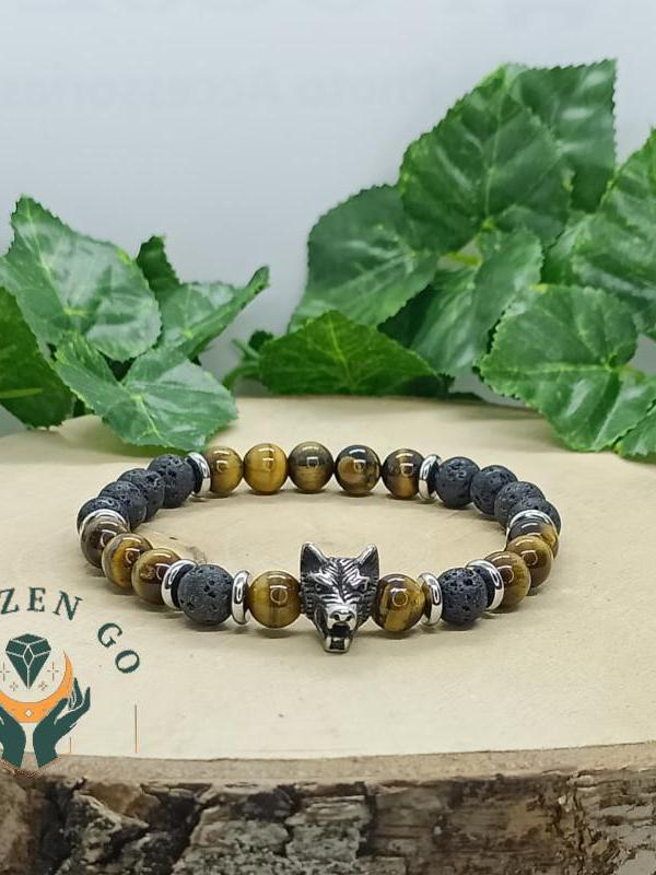 Bracelet il de tigre et pierre de lave tete de loup 2 