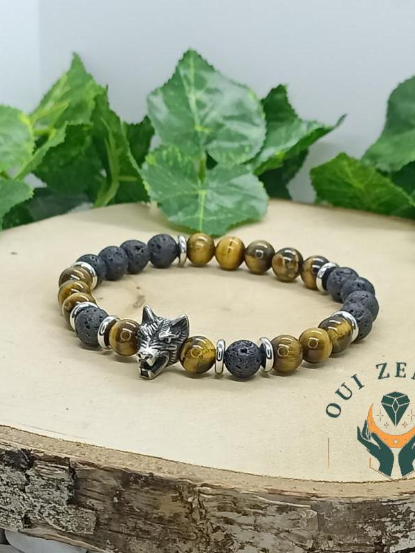 Bracelet il de tigre et pierre de lave tete de loup 2