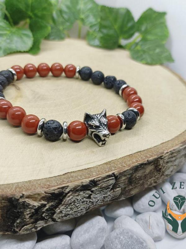 Bracelet jaspe rouge et pierre de lave tete de loup 3 
