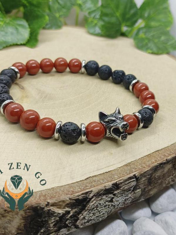 Bracelet jaspe rouge et pierre de lave tete de loup 3