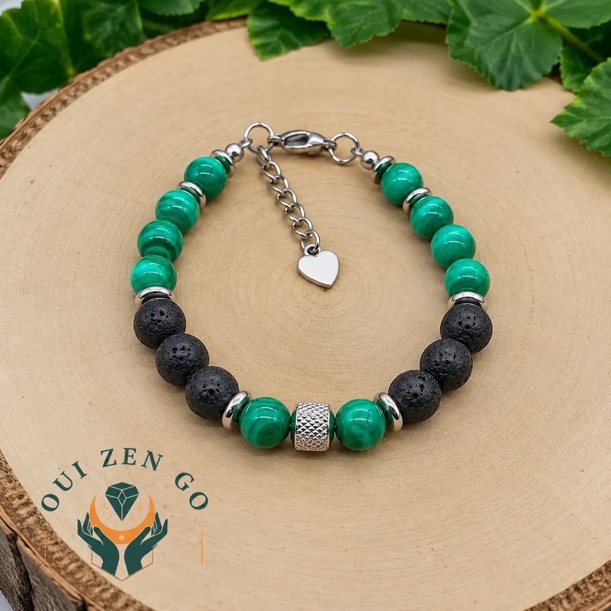 Bracelet homme en malachite et pierre de lave, collection Atlas