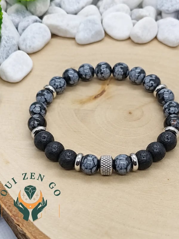 Bracelet obsidienne neige et pierre de lave 8 mm