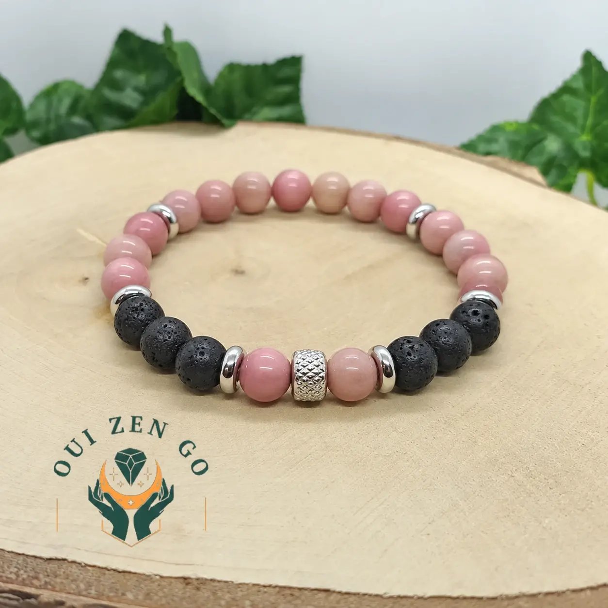 Bracelet homme en Rhodochrosite et pierre de lave, collection Tiago