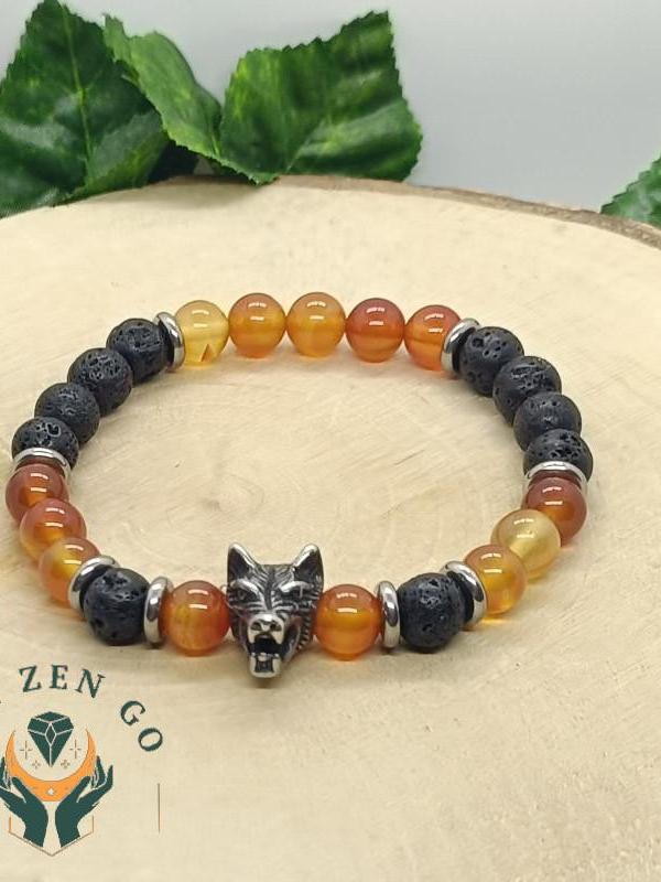 Bracelet tete de loup cornaline et pierre de lave 3
