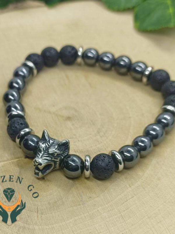 Bracelet tete de loup hematite pierre de lave 1