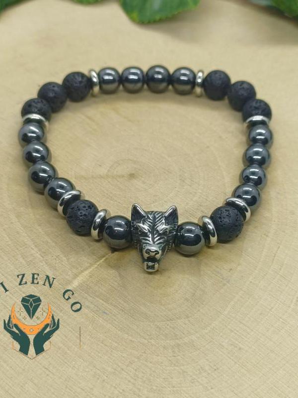 Bracelet tete de loup hematite pierre de lave 1 